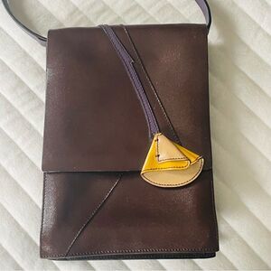 Miu Miu Vintage Brown Leather Purse w Purple Detail/Strap & Yellow Poppy Flower